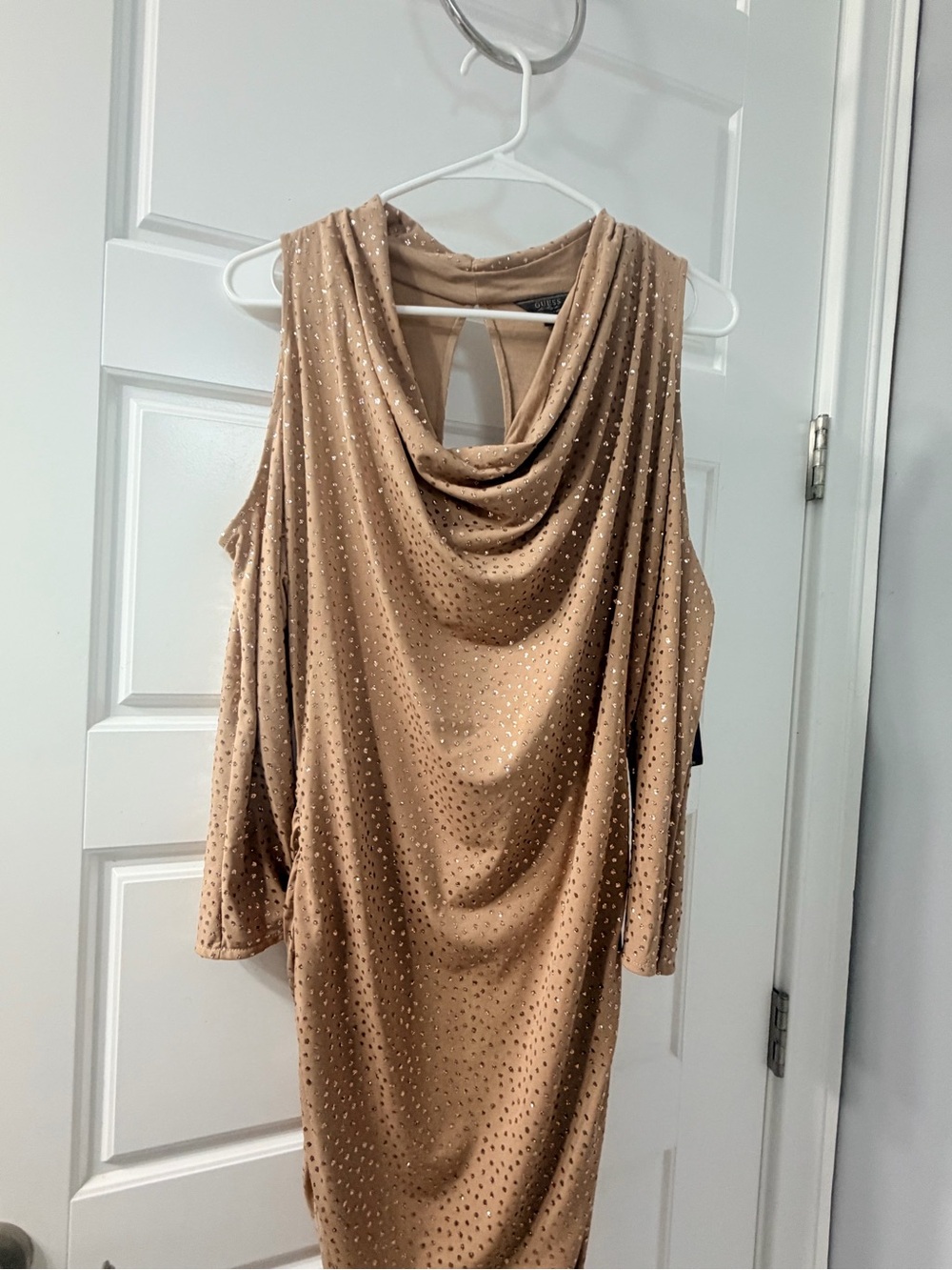 Guess Nude/Tan Midi Dress with Draped Neck and Sparkle Detail